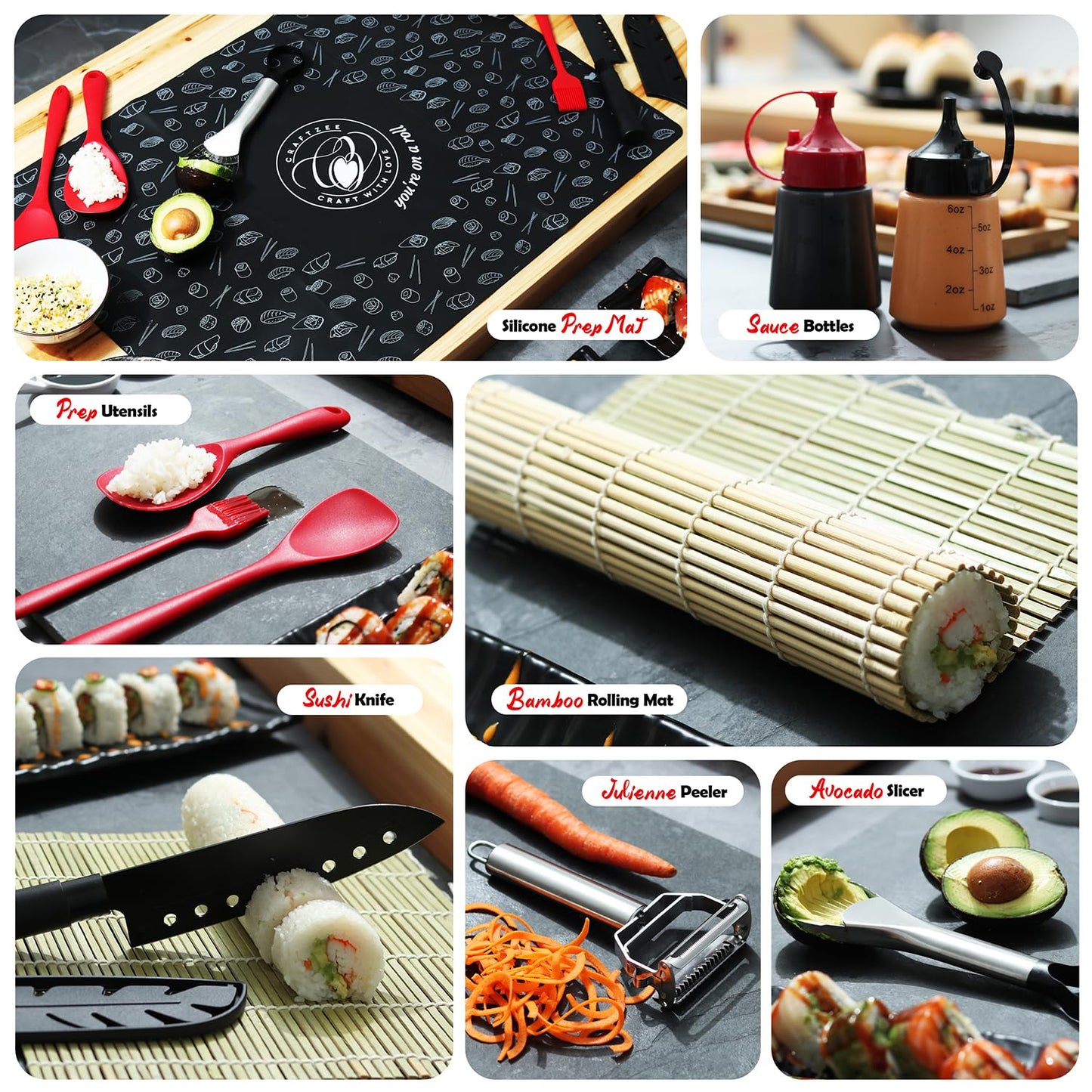 CraftZee All-Inclusive 𝗣𝗥𝗘𝗠𝗜𝗨𝗠 Sushi Making Kit for Beginners & Professionals - Sushi Maker with Rice Cooker, Reusable Chopsticks, Bazooka, Sushi Roller, Book - Sushi Kit for Family BPA-Free