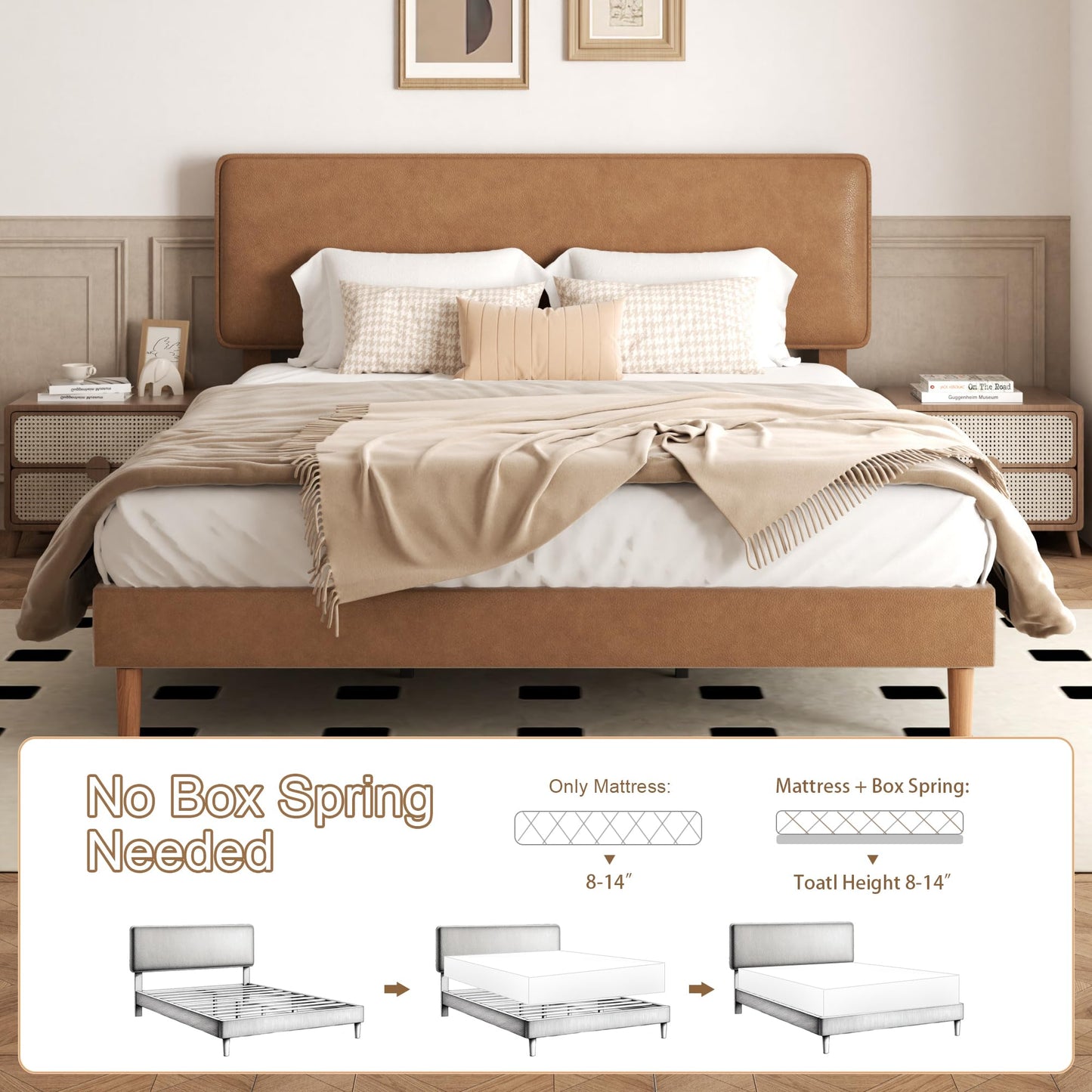 Sismplly King Size Upholstered Bed Frame with Adjustable Headboard, Faux Leather Platform Bed with Wood Slats, Lychee Grain Leather, No Box Spring Needed, Easy Assembly, Noise Free, Brown