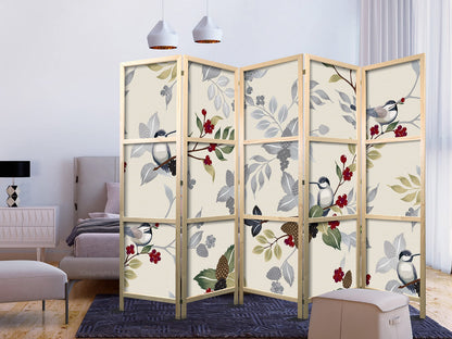 artgeist Japanese Room Divider XXL Birds Forest Nature Leaves Botanical 90 x 67 in - 5 Panel Folding Screen Japan Design Home Decoration Art Deco b-B-0593-z-c