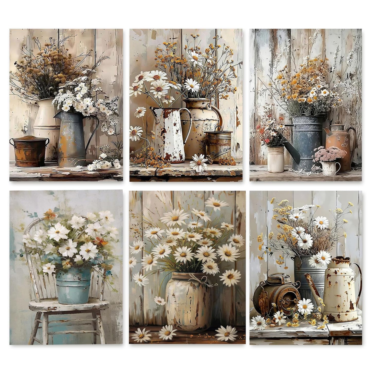 Diamond Art Kits for Adults Beginner 6 Pack Rustic Farmhouse Daisy Painting Diamond Painting Kits 5D Diamond Dots Gem Art Crafts with Tools Round Full Drill Funny Crafts for Home Wall Decor 12x16inch
