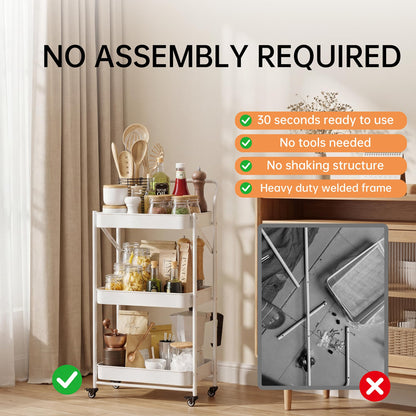 JAQ Foldable Rolling Cart, 3-Tier No Assembly Metal Utility Cart with Handle, Heavy Duty Folding Storage Trolley Organizer on Wheels for Kitchen, Office, Craft Art, Baby Diaper, Snacks, Books, White
