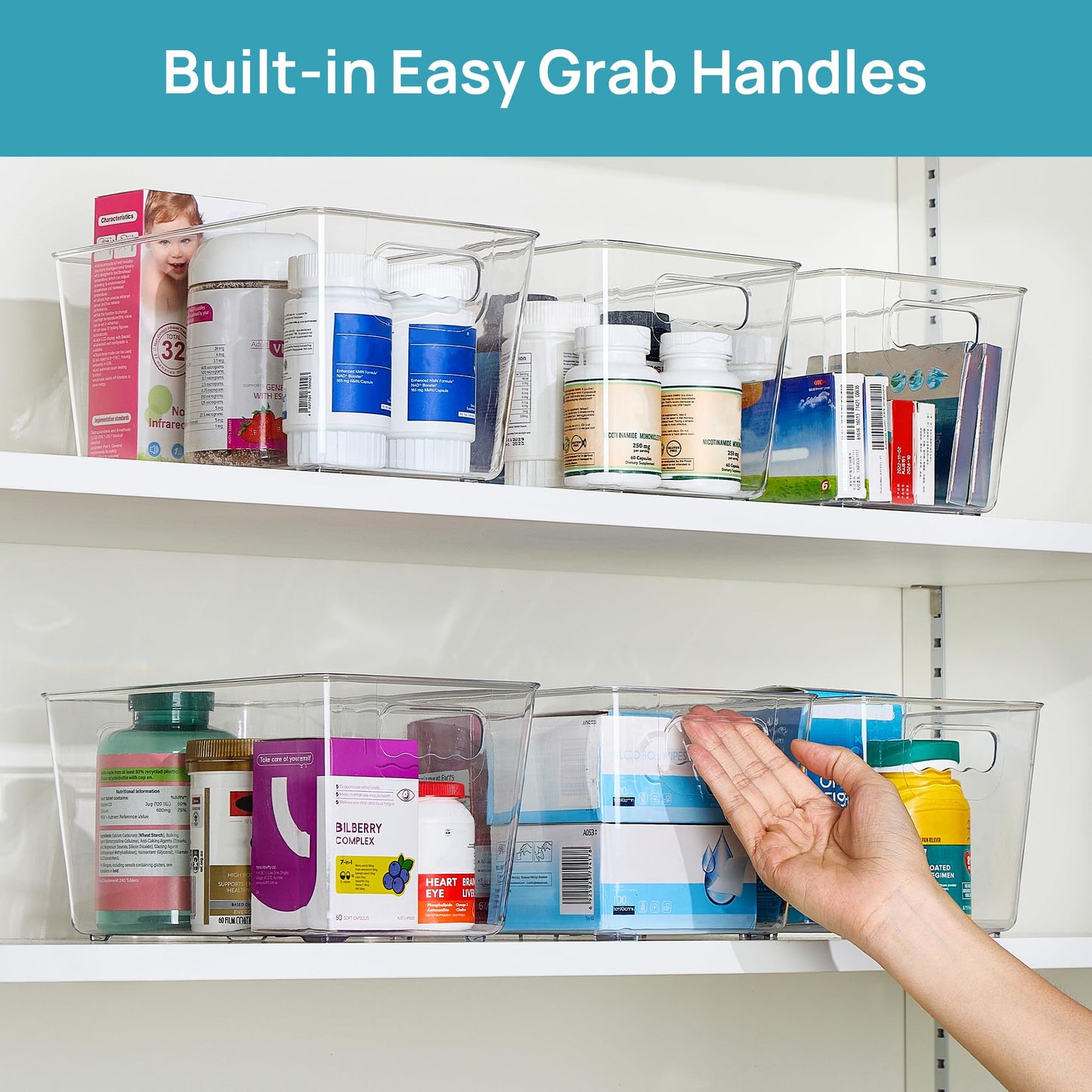 Vtopmart 6 Pack Clear Storage Bins, Pantry Cabinet Organizer Bins with Handle for Pantry Organizer and Storage, Plastic Bins for Fridge, Cabinet, Kitchen, Countertops, Cupboard, Freezer, Medium