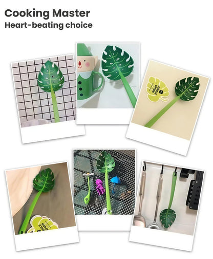 Jungle Spoon Monstera Leaf Soup Skimmer Spoon, Green, PP Material, 11.8x3.7 Inch, Kitchen Strainer with Anti-Slip Base, Long Handle