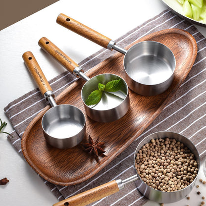 Measuring Cups and Spoons Set with Wooden Handle, 8 Pieces Stainless Steel Measuring Spoon and Cup with US Measurements for Baking and Cooking Sliver