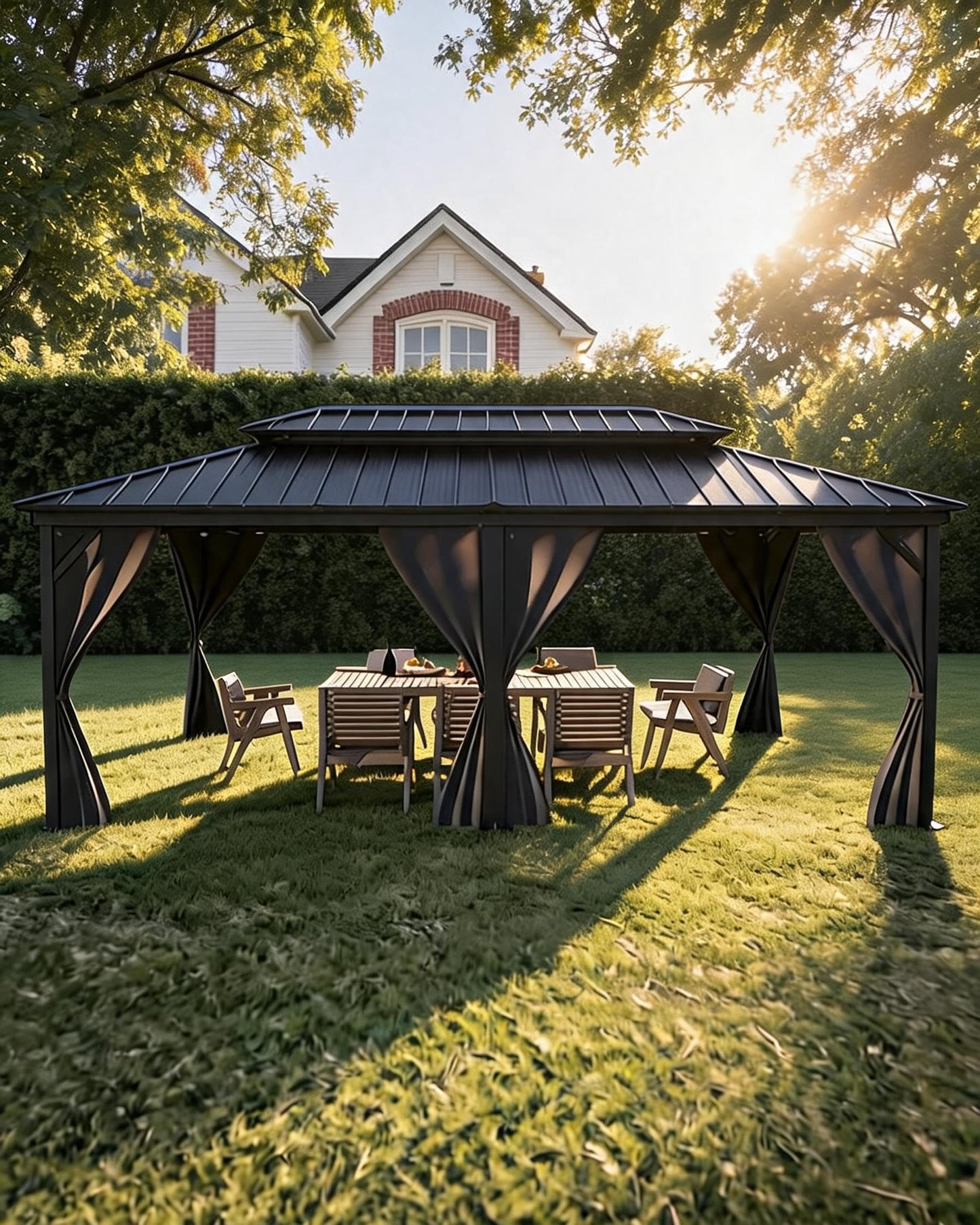 KYBOLT 12x20 Ft Hardtop Gazebos with Heavy Duty Double Roof, Nettings and Curtains Galvanized Steel Outdoor Gazebos for Patio, Backyard, Deck, Lawn (Grey)