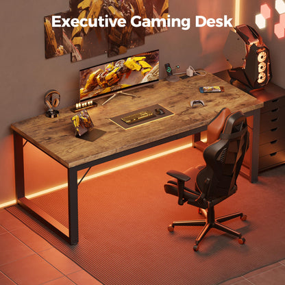 Mericonia 63 Inch Large Computer Desk with Power Outlets, 1.2" Thick Heavy Duty Industrial Office Desk, Modern Simple Study Writing Table for Home Office Bedroom Workstation, Brown