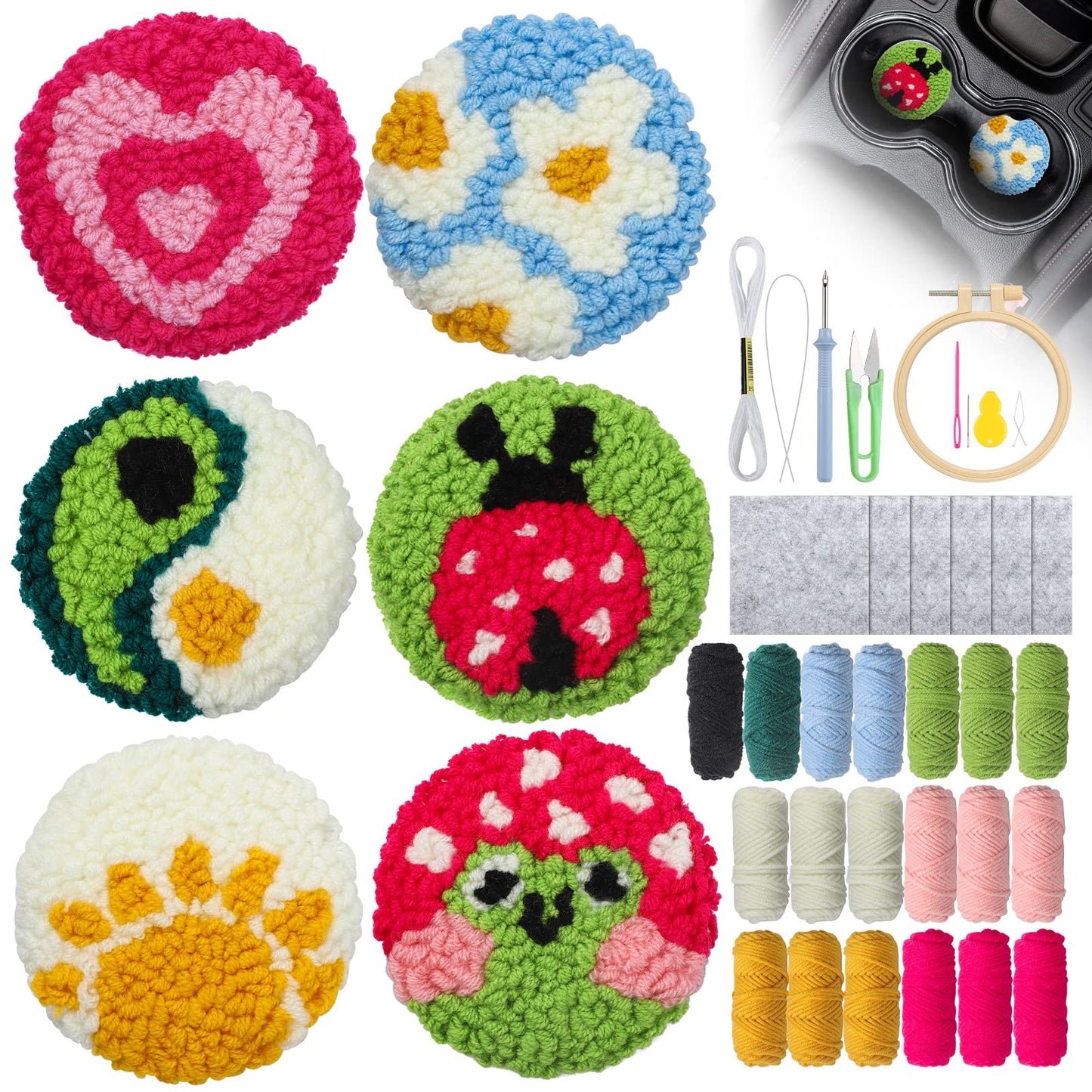 Longan Craft Punch Needle Coasters Kit 6 Pattern Embroidery Punch Needle Kits Adults Beginner Coasters Tufted Car DIY Rug Drink with Adhesive Felt Yarns Hoop Tools Starter Crafts