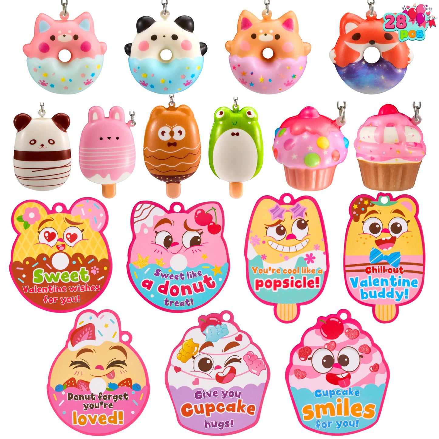 JOYIN 28 Packs Valentine Dessert squishy toys Stress Relief Keychains with Fun Dessert Cards, PU Donuts Squishy Toys, Cupcake & Popsicles Keychain, Slow-Rising Toy for Kids Classroom Gift Party Favor