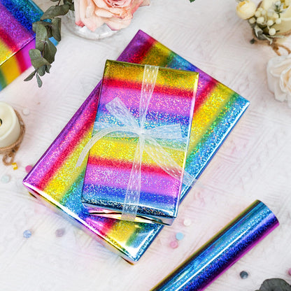 Merture 17 In X 33 Ft (46.5 sq.ft.) Rainbow Holographic Wrapping Paper Roll, Striped Glitter Gift Wrap for Disco Party, Wedding, Birthday, Christmas, Bridal Shower, Graduation