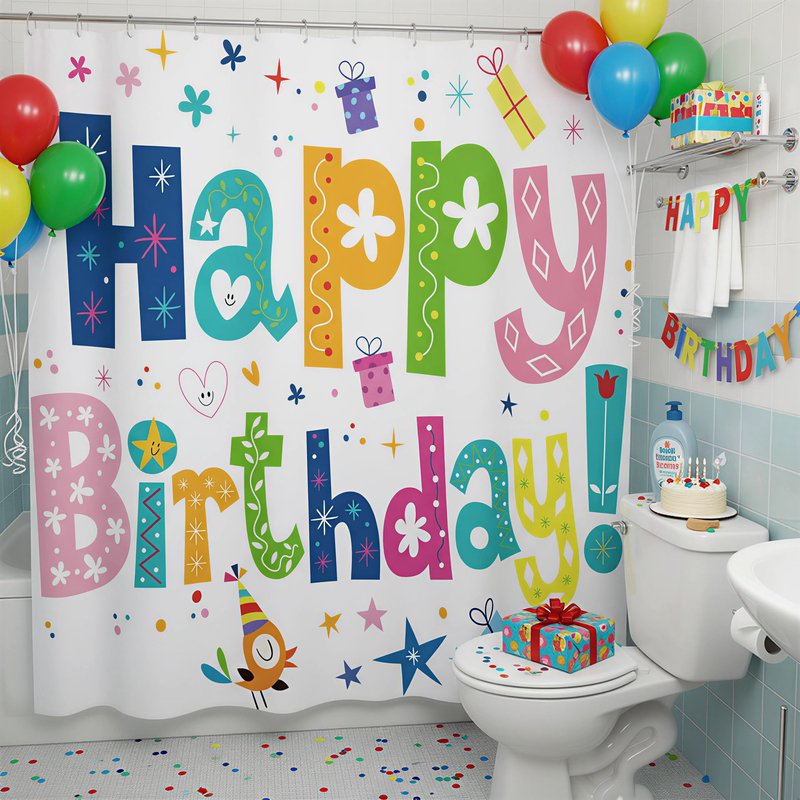 ZCHOMI Happy Birthday Shower Curtain Kids Birthday Party Rainbow Shower Curtains for Bathroom Waterproof Polyester Fabric Bathroom Curtain 72 x 72 Inch with 12 Plastic Hooks
