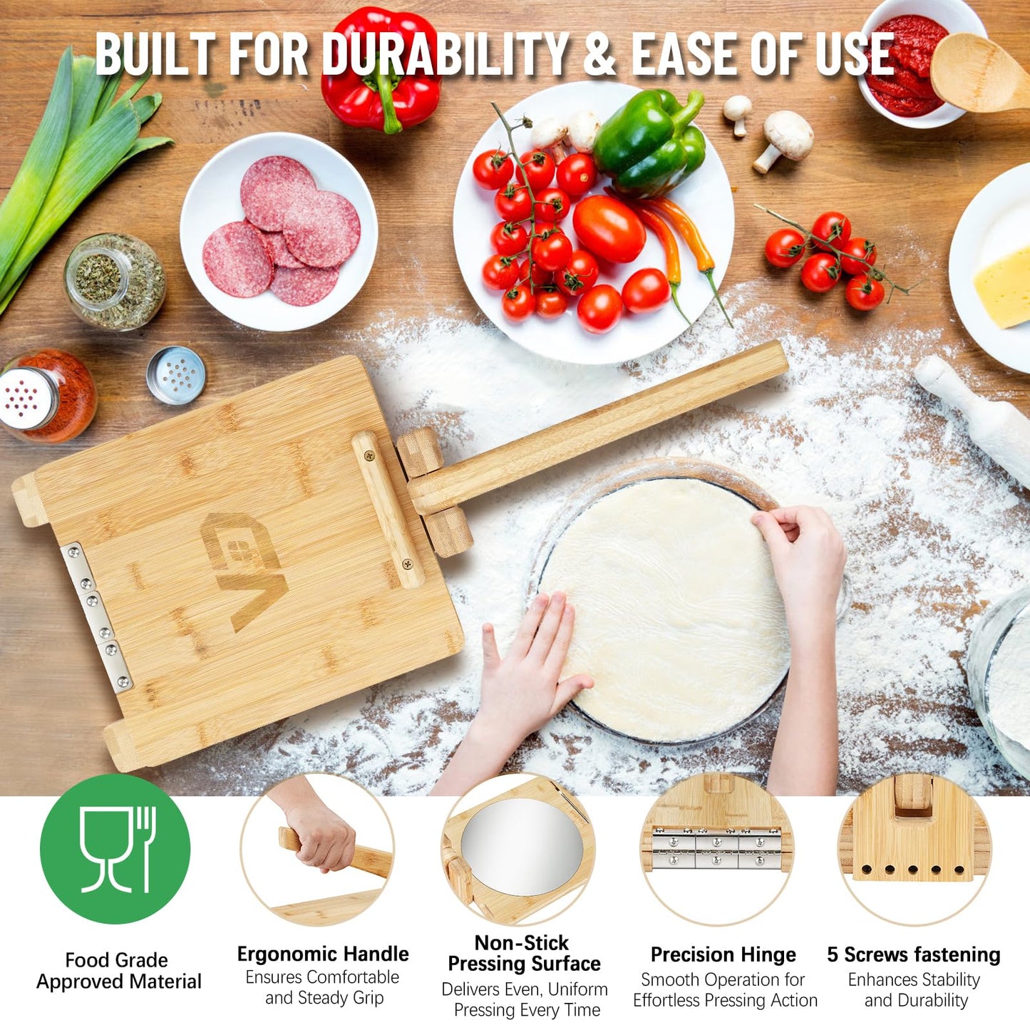 Wooden Tortilla Press, 10 inch Roti Maker and Tortilladora with Stainless Steel Patch, Tortilla Maker Press with 50 Pcs Parchment Paper and Recipes eBook, Heavy Duty Prensa Para Tortillas for Kitchen