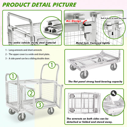 Platform Truck Cart with Cage 2-Door Design 7 in 1 Mutipurpose Handcart with 5" Wheel 39"x25" Large Uitility Cart, Mesh Plate w/Removalble Fence 6-Side, Load 2000lbs for Grocery/Laundry/Stall/Storage