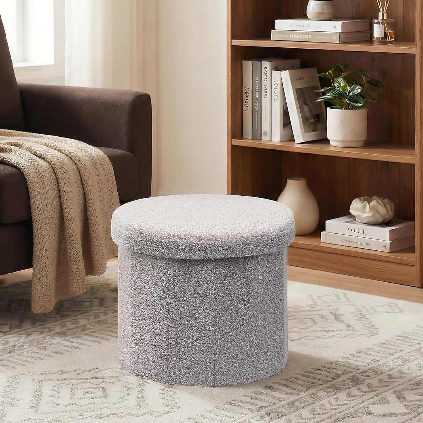 15" Round Storage Ottoman, Foldable Foot Stool with Hidden Storage&Folding Ottoman for Living Room Bedroom, Portable