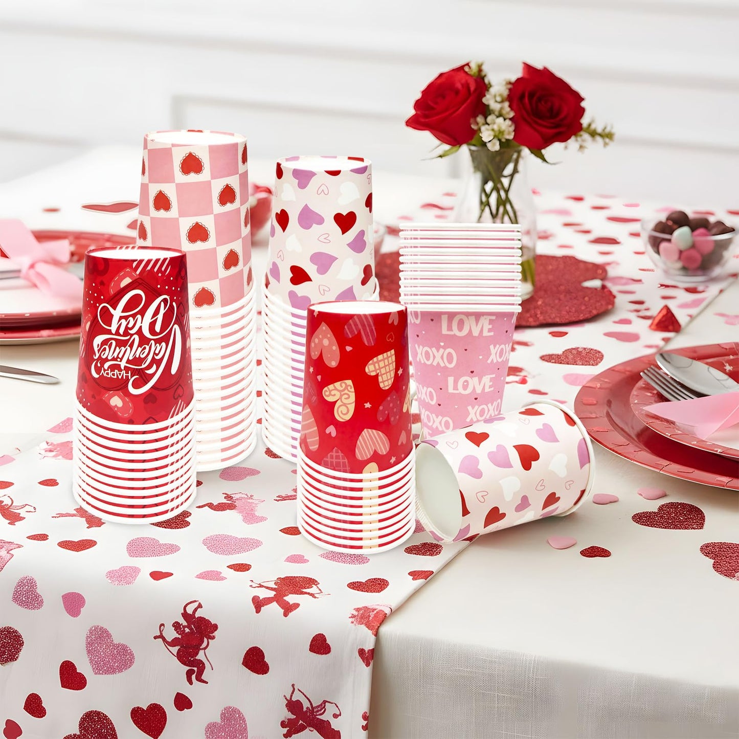 YQUQWN 50Pcs Valentine Paper Cups 9oz – 5 Heart Designs Disposable Valentine Cups Red Paper Party Drinkware for Coffee Juice Weddings Gatherings