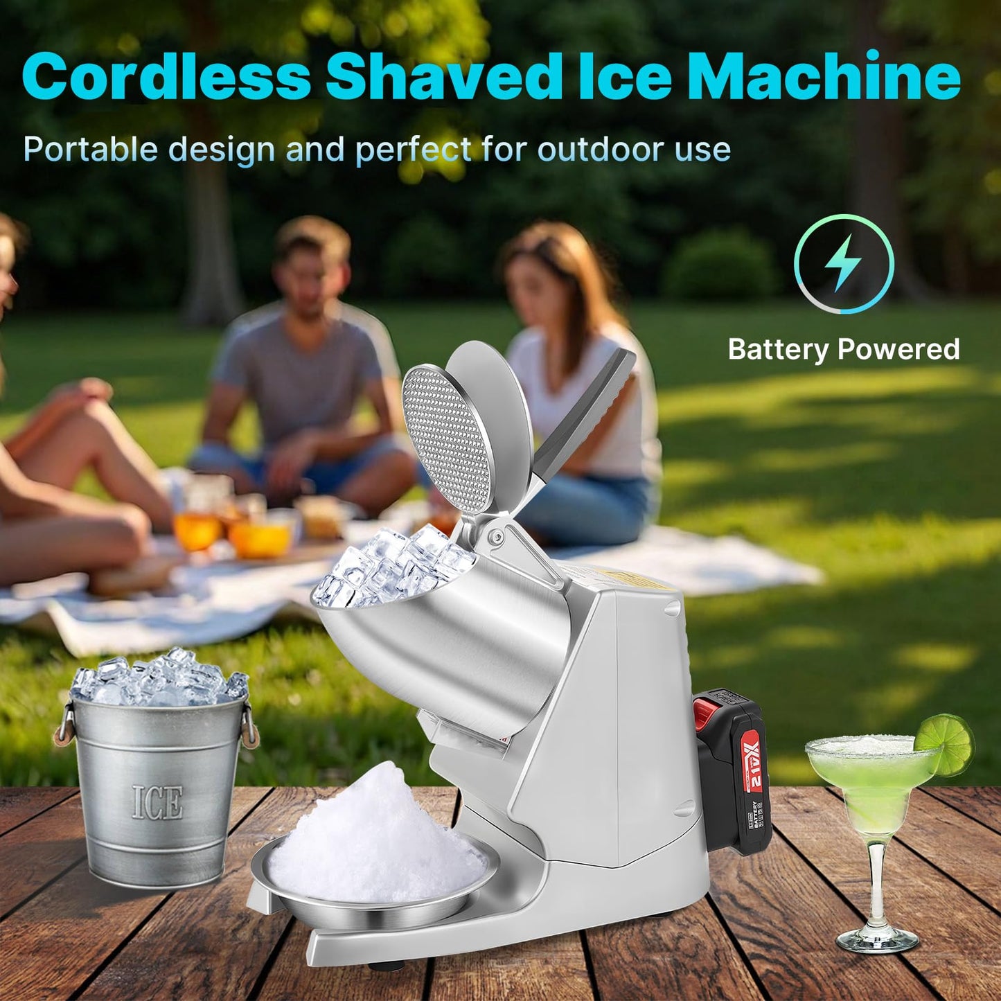 Hurmovae 178Ibs/h Cordless Portable Ice Shaver Machine with Dual Blade, Dual Batteries &Ice Pick, 180W Battery Powered Ice Cusher Machine for Home Use &Outdoor (Backyard & Patio), Extra Blades, Silver