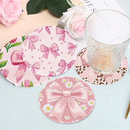 HHMATITS 8 Pcs Diamond Art Coasters Kit, Pink Bow Diamond Art Coaster with Holder Cork for Adults Beginners, 5D DIY Full Round Diamonds Painting Coasters Kit for Gifts 4X4 Inch