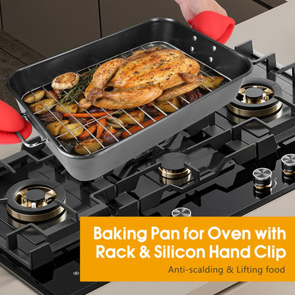 Roasting Pan with Rack, 15.75x11.02’’ Baking Pan for Oven with Rack & Silicon Hand Clip & Oilbrush, Heavy Duty Dishwasher Safe Rectangular Lasagna Pan with Handle for Turkey, Dark Grey