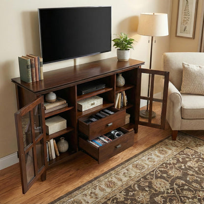 SIMPLIHOME Artisan TV Stand - 53 inch Wide Solid Wood Tall Media Console in Russet Brown, Contemporary Entertainment Center for Living Room for TVs up to 60 Inches with Drawers and Cable Management
