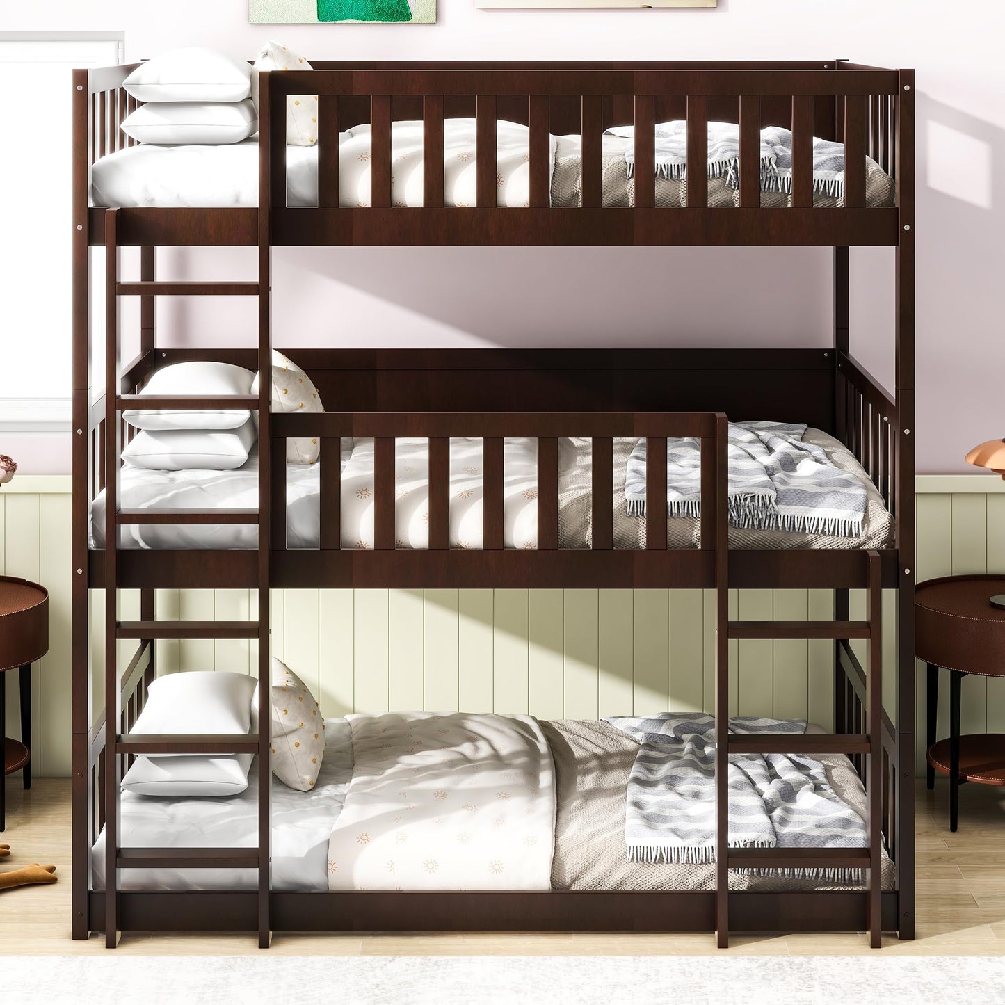 KEIKI Twin Over Twin Over Twin Triple Bunk Bed, Solid Rubber Wood Detachable 3-in-1 Bed Frame with Ladders & Full Guardrails, Space-Saving Boys & Girls Bed for Family & Sleepovers, Espresso