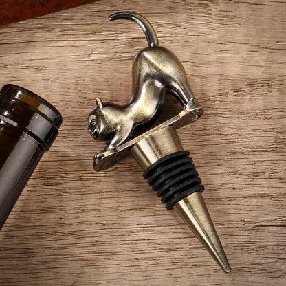 LKKCHER Cat Wine Bottle Stopper, Cat Decorative Gifts for Kitty Lovers Women Men, Birthday Fathers Day Christmas Gifts for Women Men, Bronze Wine Saver with Bag