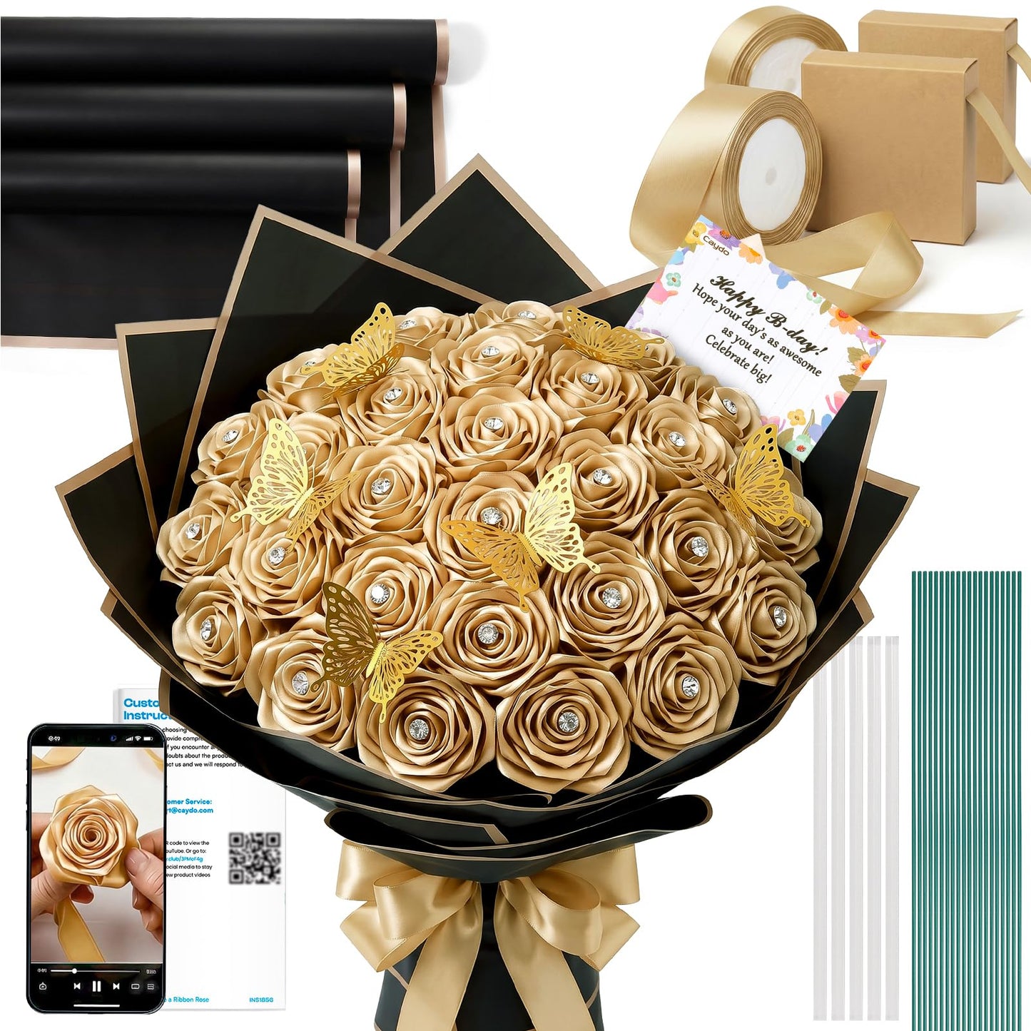Caydo 1-1/2 Inch Satin Ribbon Flower Making Kit for Birthday Gifts, 50 Yards Champagne Gold Ribbon with Floral Stem Wire, Wrapping Paper, Glue Stick, 3D Butterfly and Diamond Pins