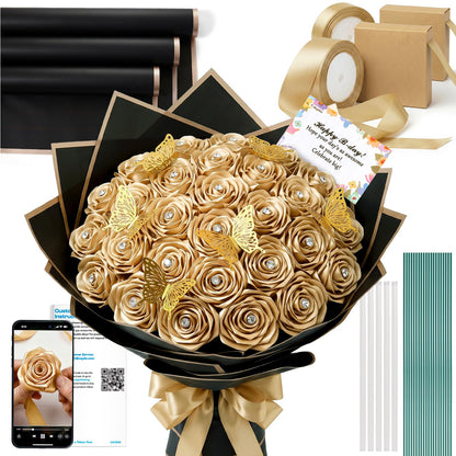 Caydo 1-1/2 Inch Satin Ribbon Flower Making Kit for Birthday Gifts, 50 Yards Champagne Gold Ribbon with Floral Stem Wire, Wrapping Paper, Glue Stick, 3D Butterfly and Diamond Pins