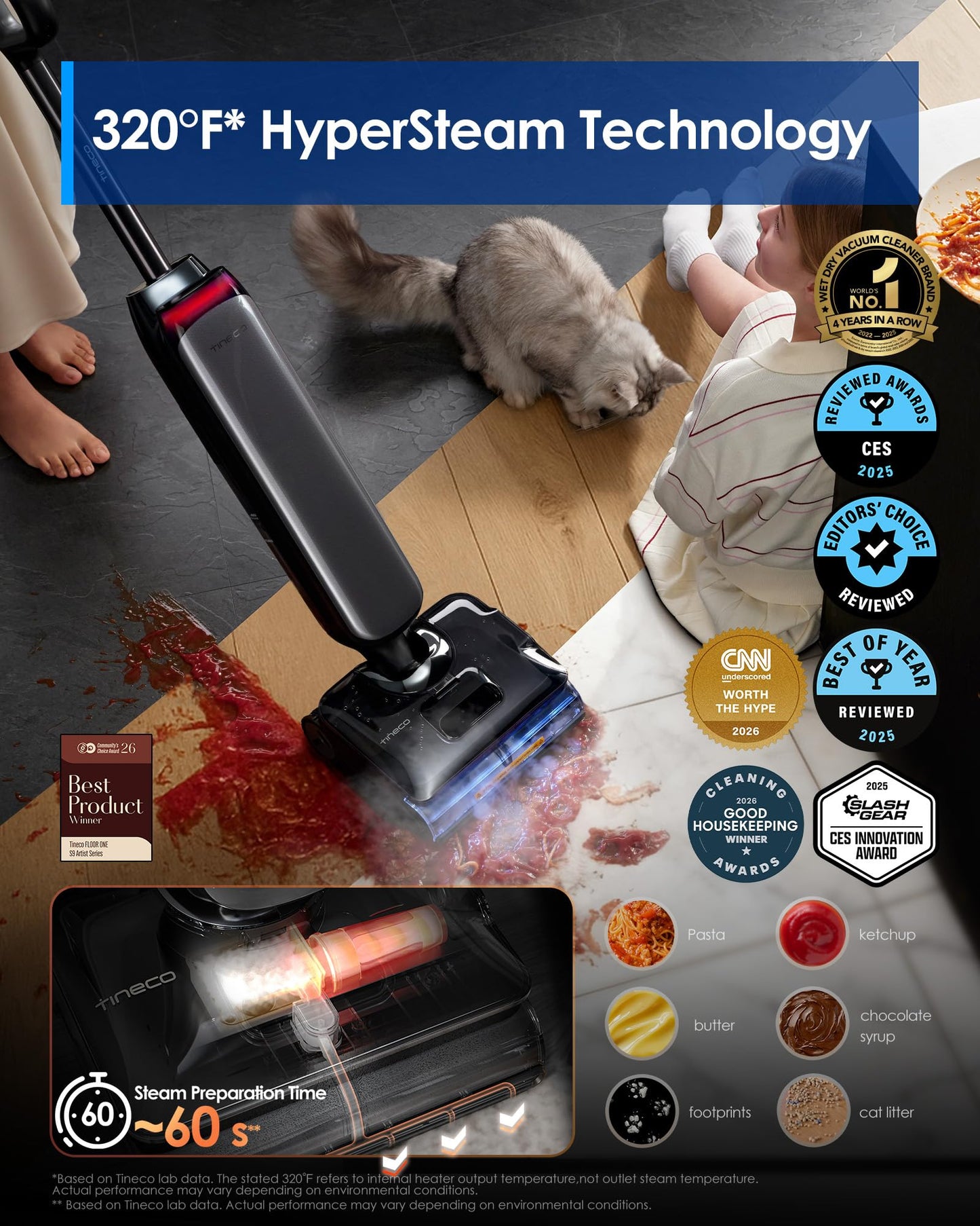 Tineco Floor One S9 Artist Steam Wet Dry Vacuum Cleaner, High-Temp Steam Cleaning, 22kPa Suction, 360° SmoothDrive, Anti-Tangle Design, 185°F Flashdry, Long Runtime, 180° Lay-Flat