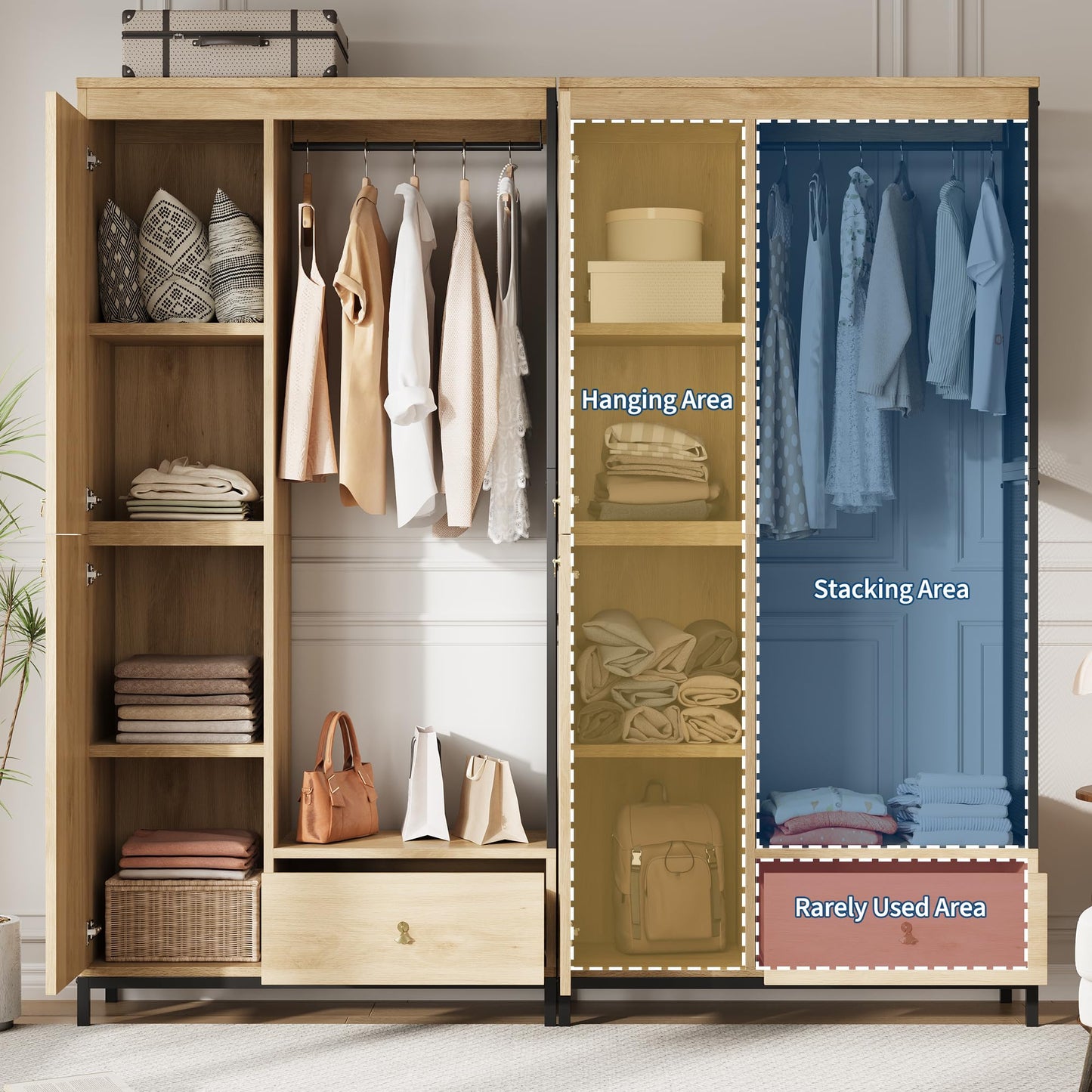 Modern Armoire Wardrobe Closet, Wood and Metal Frame Clothes Storage Organizer with Double Closed Doors, Open Hanging Rod, Bottom Drawer, Freestanding Bedroom Furniture for Small Spaces, Natural Oak