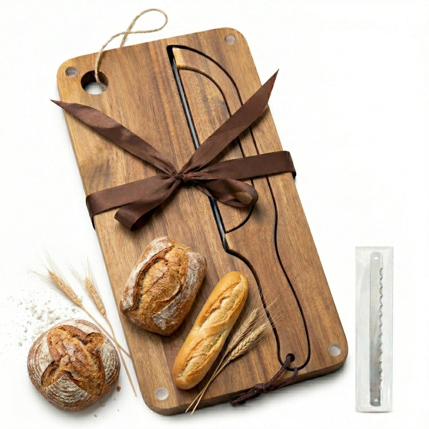 Sourdough Bread Slicer Set, Sourdough Knife & Bread Cutting Board with Crumb Tray Design, Ergonomic W-Handle Grip, Non-Slip Pads, Magnetic Storage, Left & Right Handed, Extra Blade, Bakers Gift