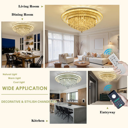 40 inch Flush Mount Crystal Chandeliers with Remote and APP Gold, Modern Elegant LED Crystal Raindrop Ceiling Light Fixture, 3CCT Dimmable, for Living Room Kitchen Island Bedroom Entryway Foyer