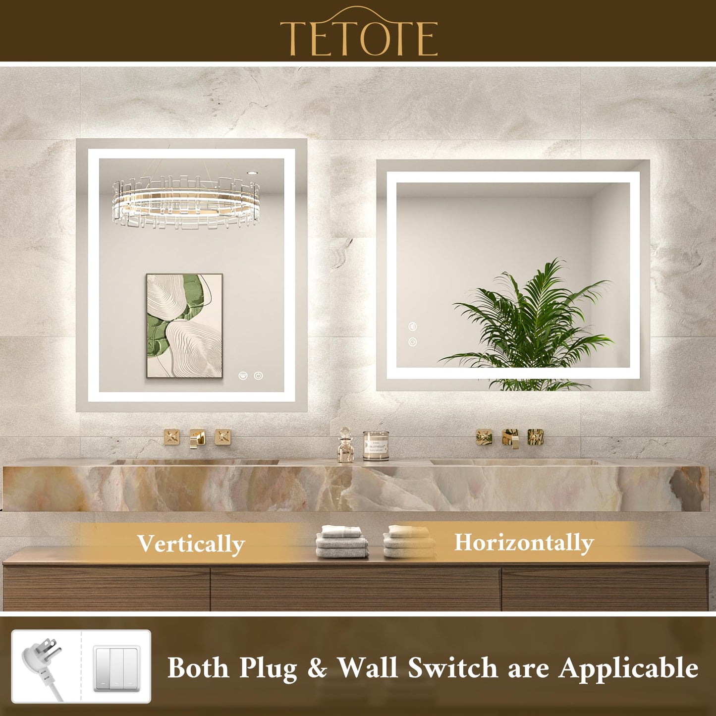 TETOTE 55 x 30 LED Bathroom Mirror with Frontlit and Backlit, Brighter Light up Bathroom Vanity Mirror with Lights, 3-Color Dimmable Lighted Vanity Anti Fog Mirror, Waterproof, Shatterproof