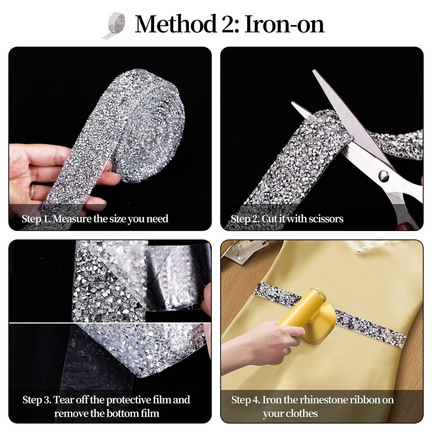Locacrystal Bling Crystal Rhinestone Ribbon Self-Adhesive Iron on Resin Diamond Ribbon Wrap Roll DIY Bling Stickers for Wedding Clothing Cars Crafts Dress Decoration（Silver,1.18inch x 3yard）