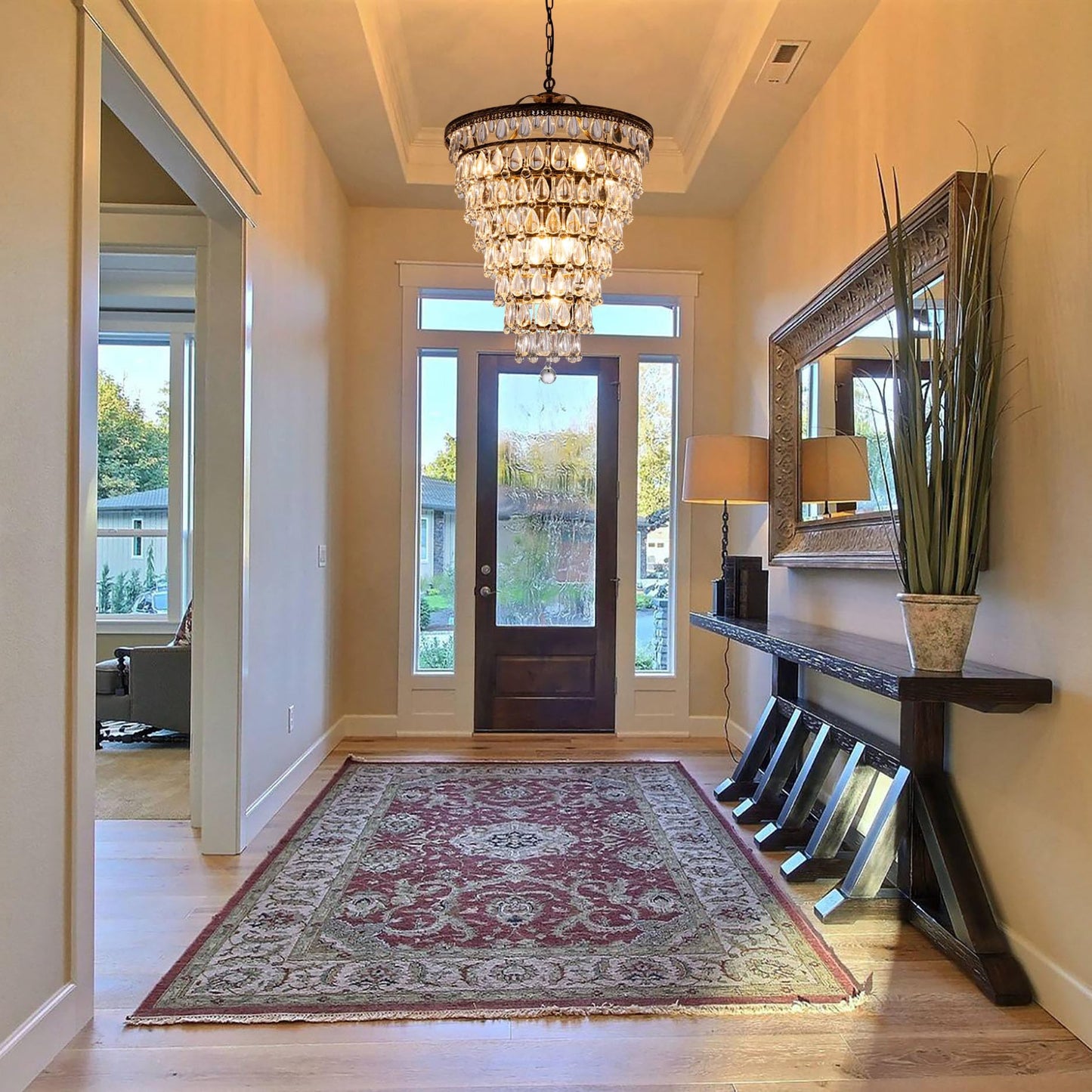 Wellmet 20 Inch Crystal Chandelier, Farmhouse Bronze Bathroom Chandeliers, 8-Lights Foyer Lighting Round Hanging Ceiling Light Fixture for Living Room, Bedroom, Entryway, Kitchen Island, Cone Shape