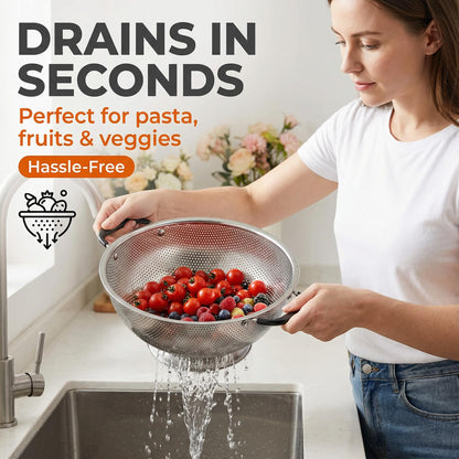 304 Stainless Steel Colander, 3 Quart Micro-Perforated Strainer with Heavy Duty Plastic Handles - Fast Draining Metal Basket for Rinsing Rice, Washing Vegetables, Draining Pasta - Dishwasher Safe