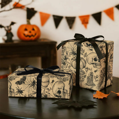 RUSPEPA 30" X 32.8' Kraft Autumn Wrapping Paper Large Paper Roll, Jumbo Roll, Vintage Black Skull, Spider, Pumpkin and Gothic Floral Design Kraft Gift Wrap for Fall Holiday and Halloween Party