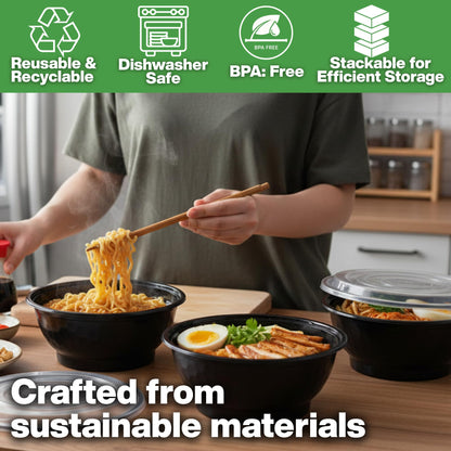 ProTakeOut, 36 oz, 20 Sets, Black Microwaveable Noodle Bowls with Lids Durable, Reusable & Leak-Resistant Food Containers | Microwave & Freezer Safe