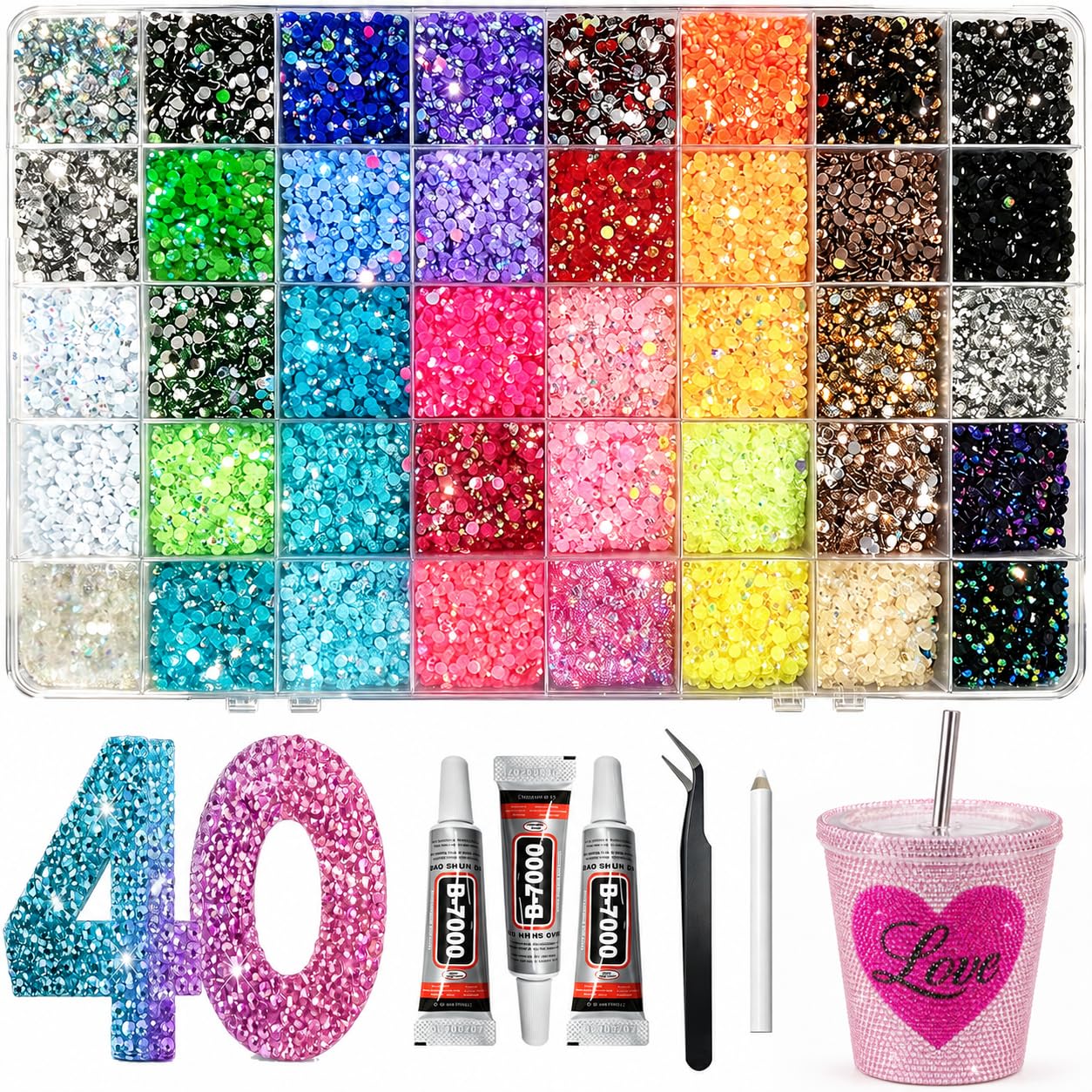 40000Pcs Bedazzling Kit, 40 Mix Colors Rhinestones Gems for Bedazzled Kits, All-in-One Bedazzler Kit Set for Crafting, Nail Art, Shoes, Books