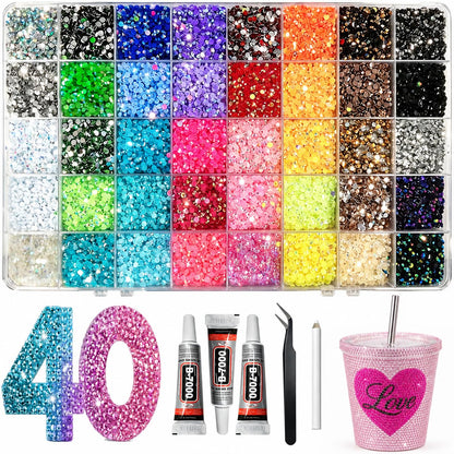 40000Pcs Bedazzling Kit, 40 Mix Colors Rhinestones Gems for Bedazzled Kits, All-in-One Bedazzler Kit Set for Crafting, Nail Art, Shoes, Books