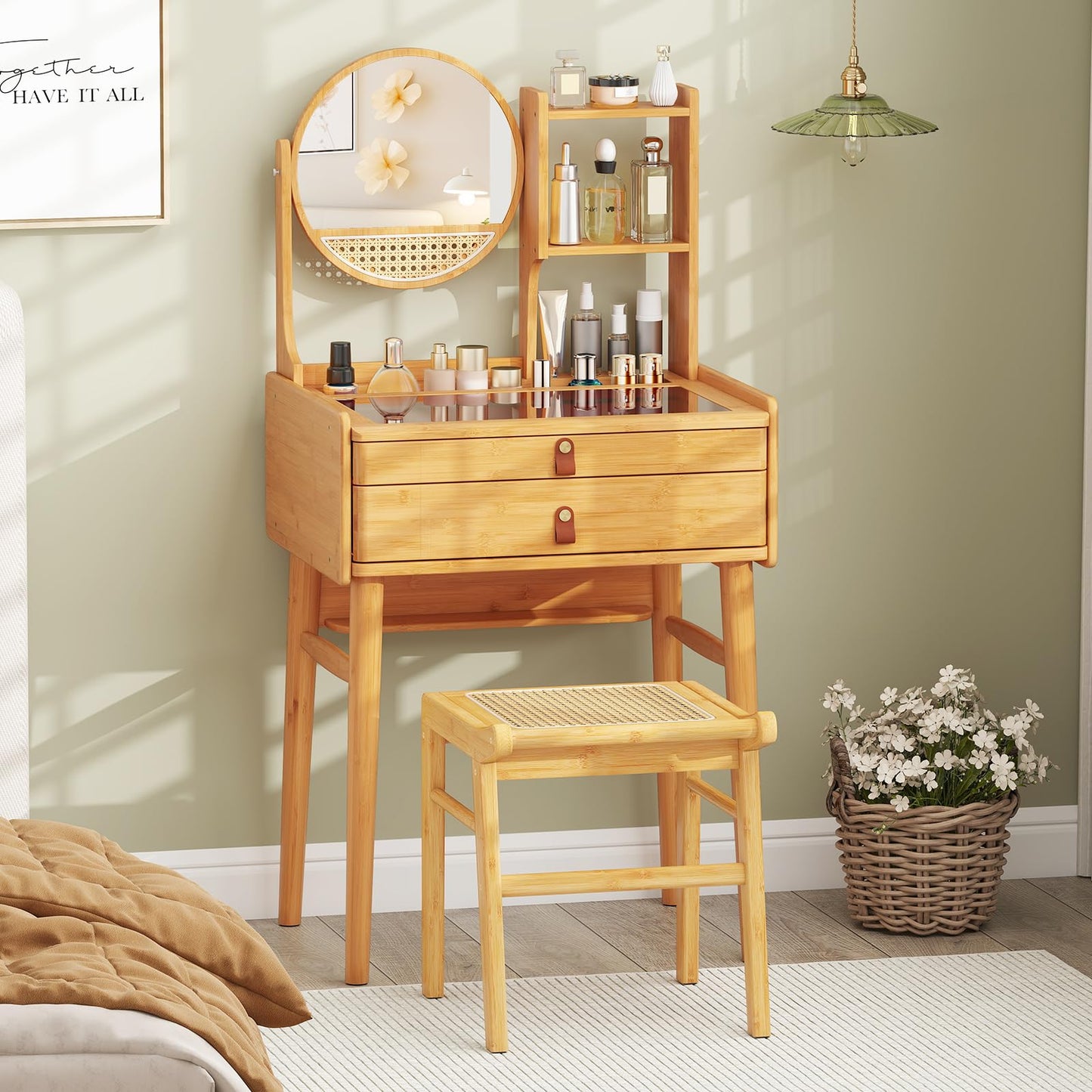 CHEFJOY Boho Vanity Desk with Mirror, Bamboo Makeup Vanity Table & Stool Set w/ 2 Storage Drawers, Hutch Shelves & Tempered Glass Table Top, Small Dressing Table Set for Bedroom