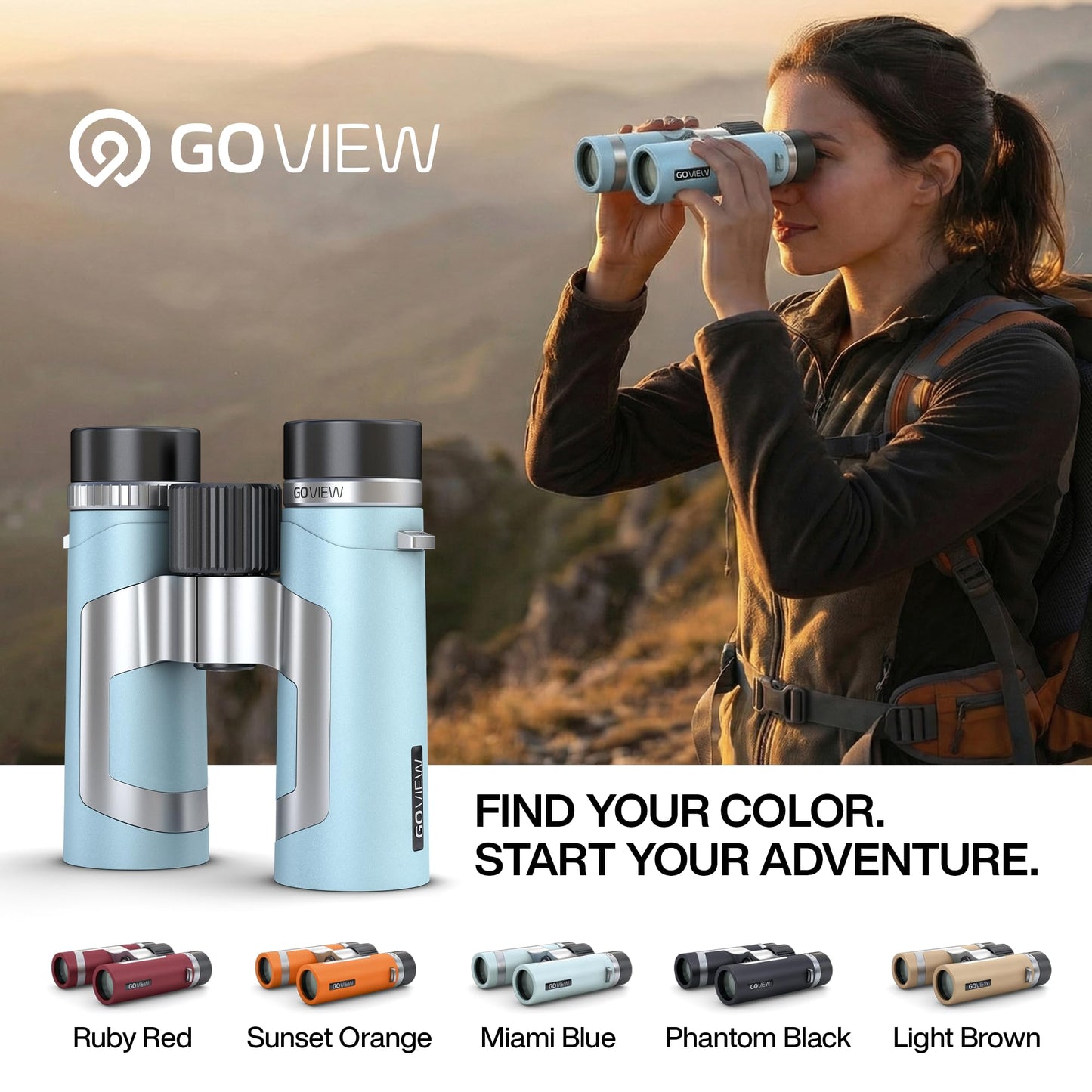 GOVIEW ZOOMR 10x34 Binoculars for Adults | Lightweight | BAK4 Prism with Fully Multi-Coated Optics | Smartphone Adapter Compatible | Waterproof IPX5/6 PORTR™ Strap with Easy Click Closure - Miami Blue