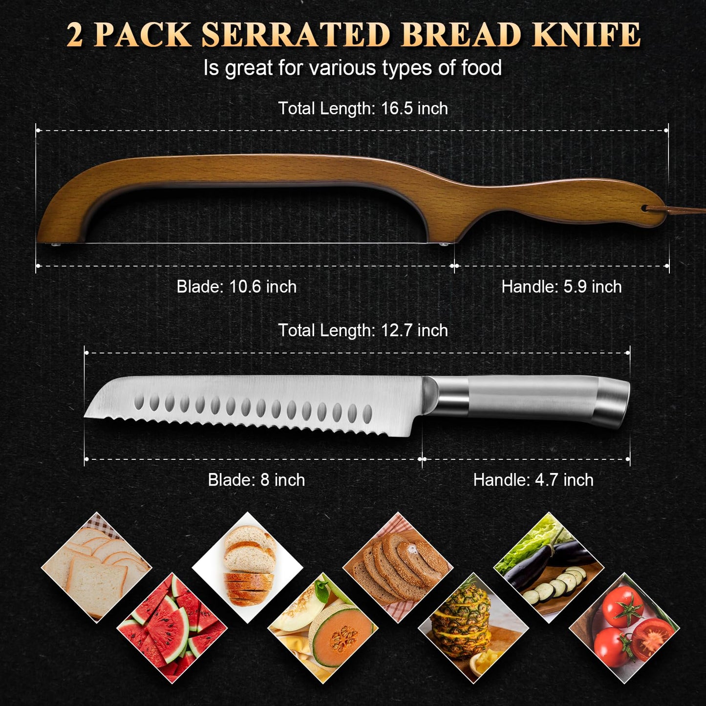 SeLucky 2 Pack Sourdough Bread Knife for Homemade Bread, Serrated Bread Cutter Ergo-Safe Engineering Anti-Stick Bread Bow Knife for Sourdough, Baguettes, Cakes
