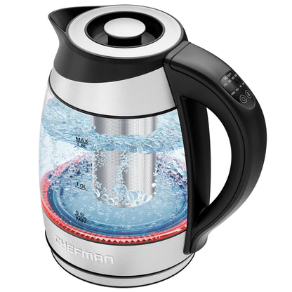 Chefman Electric Kettle with Temperature Control, 5 Presets LED Indicator Lights, Removable Tea Infuser, Glass Tea Kettle & Hot Water Boiler, 360° Swivel Base, BPA Free, Stainless Steel, 1.8 Liters