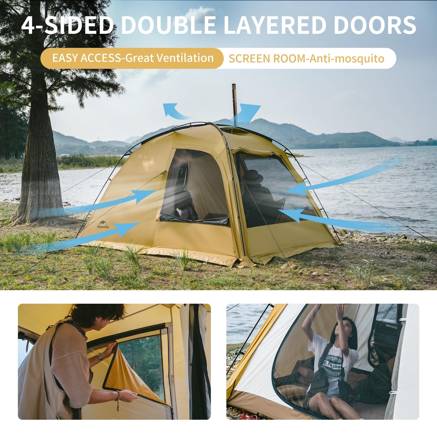 Naturehike Dune Hot Tent with Stove Jack,Double Layer 4 Season Tent,Waterproof 2-4 Person Tents for Camping