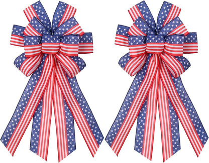 Skiennix Large Patriotic Wreath Bows - Star & Stripe American Flag Design | 20" x 12" Red & Blue Burlap for Holidays