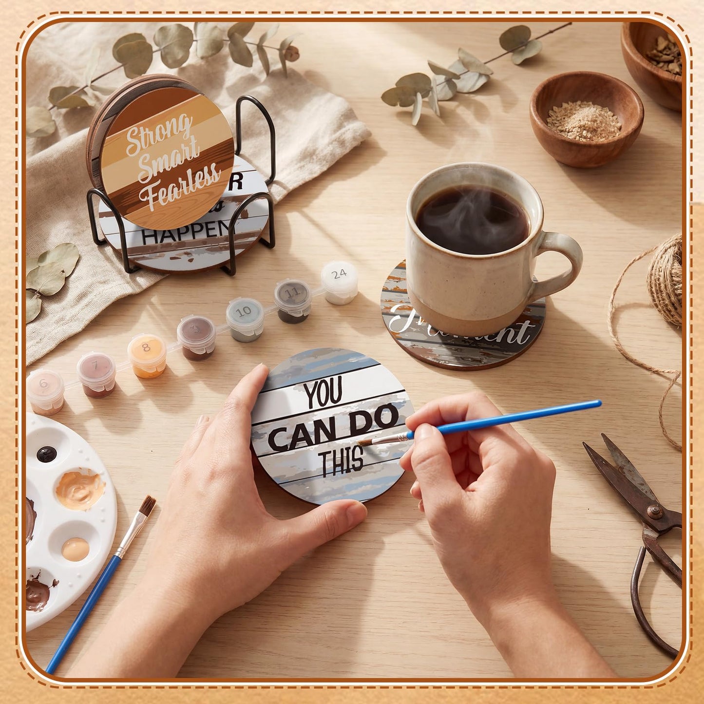 Reallnaive 8 Pcs Inspirational Paint by Numbers Kit for Adults Farmhouse Motivational Coasters with Holder Mini Paint by Numbers Wood Round Oil Painting Drink Coaster for Small DIY Craft Birthday Gift