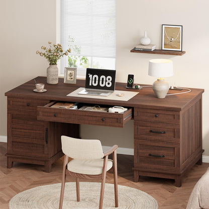 IDEALHOUSE Farmhouse Executive Desk 60 Inch, Wooden Home Office Desk with Adjustable Storage Cabinet, Built-in Charging Port, File Cabinet for Writing & Study, Elegant Workstation, Retro Brown