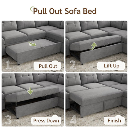 HONBAY Sectional Sleeper Sofa with Pull Out Bed, Convertible 7 Seaters U Shaped Sectional Couch for Living Room, Grey