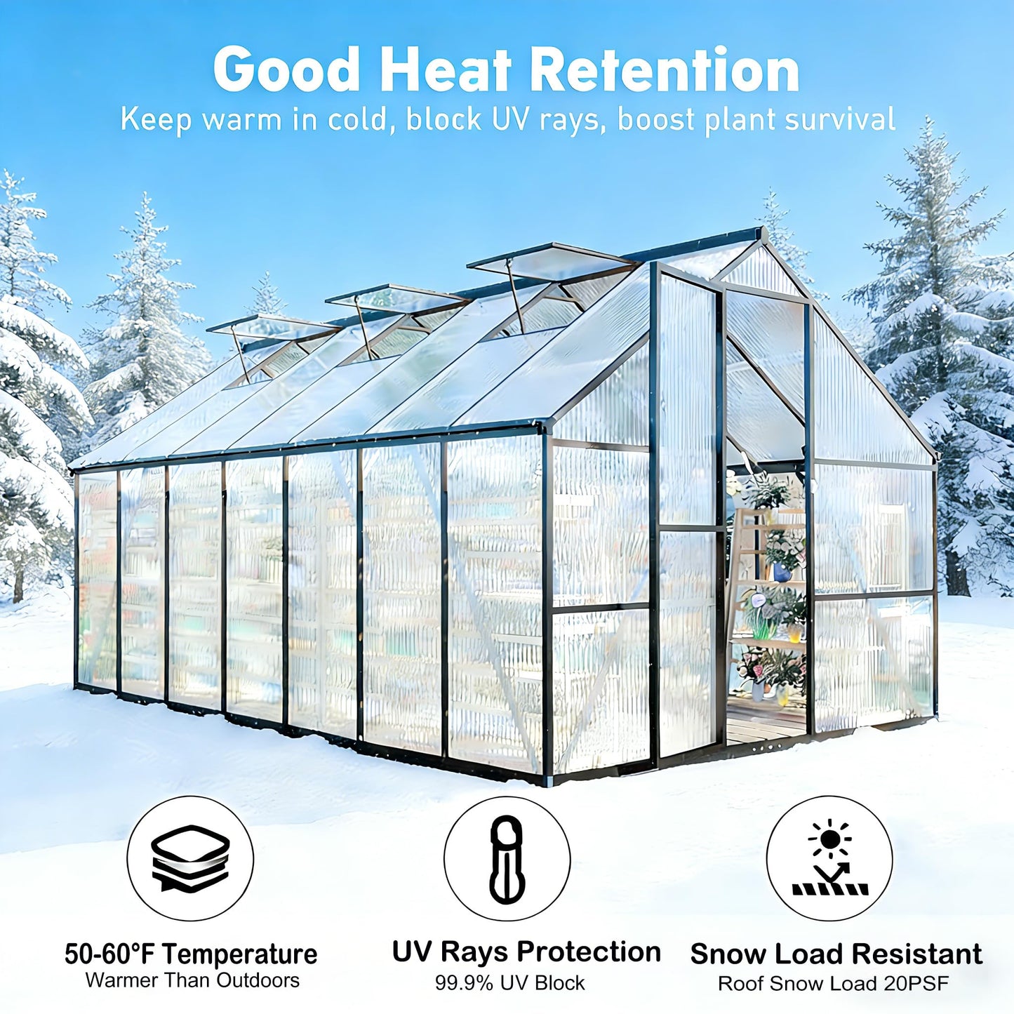 8x14FT Greenhouse for Outdoors, Polycarbonate Greenhouse with Quick Setup Structure and Roof Vent, Aluminum Large Walk-in Green House for Outside Garden Backyard, Dark Gray