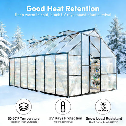 8x14FT Greenhouse for Outdoors, Polycarbonate Greenhouse with Quick Setup Structure and Roof Vent, Aluminum Large Walk-in Green House for Outside Garden Backyard, Dark Gray