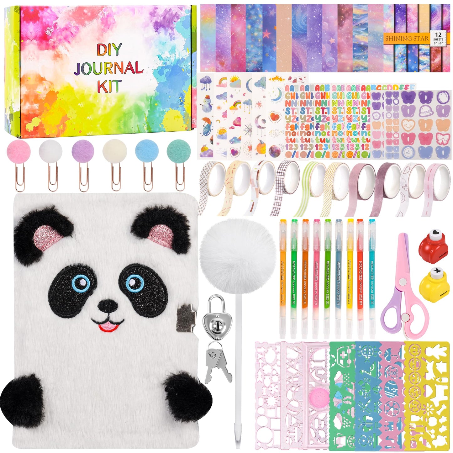 LiYiQ Plush Panda Diary Gift Travel Journal Secret Diary with Scrapbook Paper Stickers Journal Stencils Pompom Pen and Washi Tape Practical Set Gift for Birthday Christmas